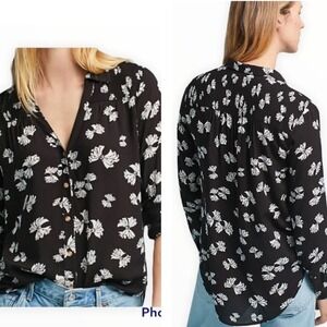 Maeve Anthropologie Blouse Top Black White Bow Button Down Long Sleeve‎